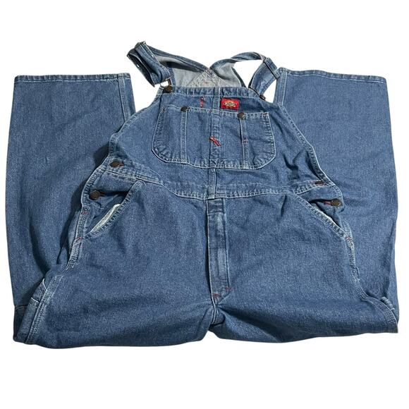 Dickies Mens Size 32 Carpenter Blue Denim Triple Stitch Bib Overalls Side Button - Picture 4 of 10